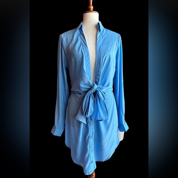 Blue Satin Long Sleeve Mini Dress NWT - Picture 3 of 5